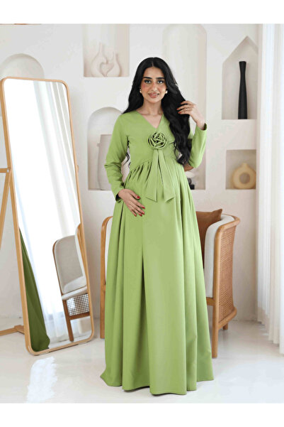 Nice Model Elegant Pistachio Green Maternity Dress with Rosette Detail Long S...