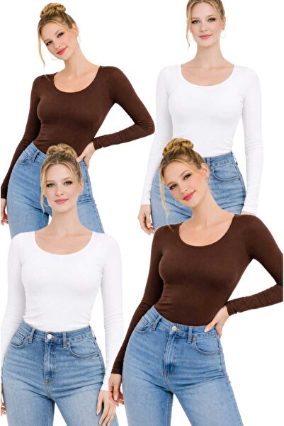 MODARENGİN بلوزة نسائية بأكمام طويلة وياقة راقصة الباليه مكونة من 4 قطع