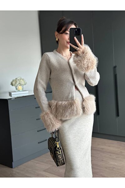 Tugen Co Brand Model Sleeve and Waist Detail Fur Cardigan