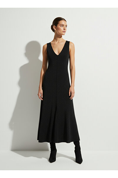 VETTA V Yaka İnce Dokulu Simli Triko Elbise