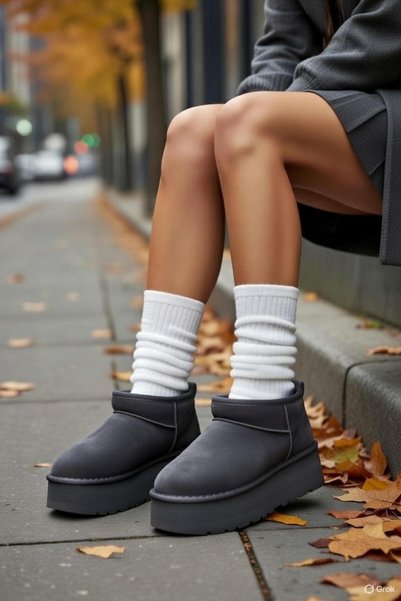 VELLINA Women's Gray Suede Fur Lined Casual Boots Thick Sole Ankle Short Warm Bootie Comfortable Stylish Shoes