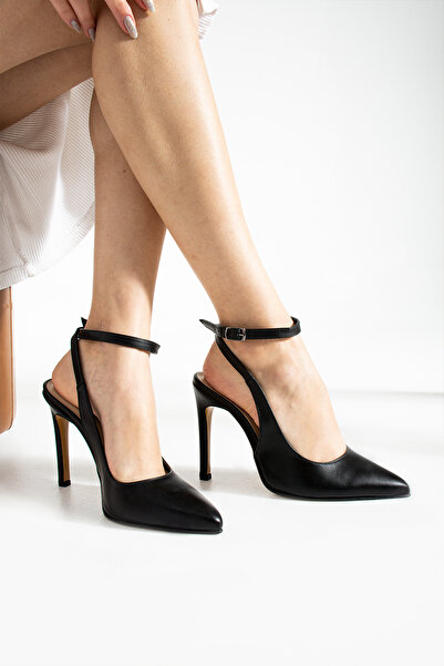 nuvilo حذاء نسائي أسود اللون بطول 10.5 سم مع حزام ملفوف ومقدمة مدببة وكعب رفيع