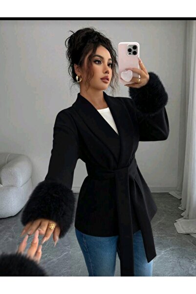kendii modamm Black Women's Blazer Jacket with Fur Cuff Detail and Belt – Spe...