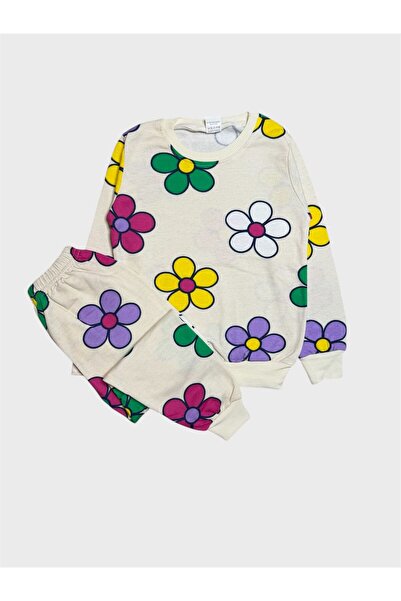 tusem butik homewear Girl's Cotton Fleece-Lined Cream Color Daisy Flower Patt...