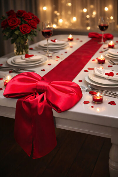 Yavuz Süs Saten Çift fiyonklu sevgililer günü masa dekorasyon runnerı