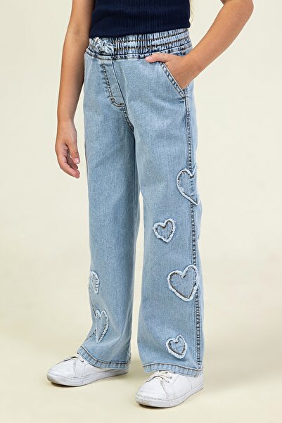 DMB KİDS Heart Embroidered Elastic Waist Girls' Jeans