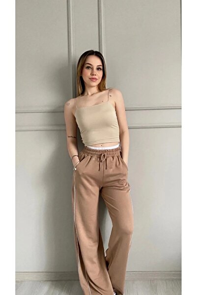 Yasmy Collection بنطلون رياضي نسائي بخصر مطاطي وجيوب وتفاصيل مخططة وساق واسعة...