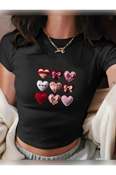 TİMİSİVA Unisex Oversized 9Kalp Printed Crew Neck Short Sleeve Black T-Shirt