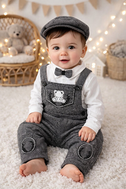 AKİ MODA KİDS Baby Boy Salopet Set with Hat and Bow Tie