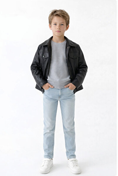 ESİLA KİDS Boy's Leather Jacket with Buttons 6-14 Years Old