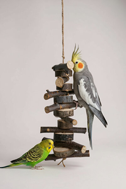 Alyones Ahşap Tüneği | Jüt İpli Asmalı Kuş / Kemirgen Rafı / Doğal Ağaç Dalı ...