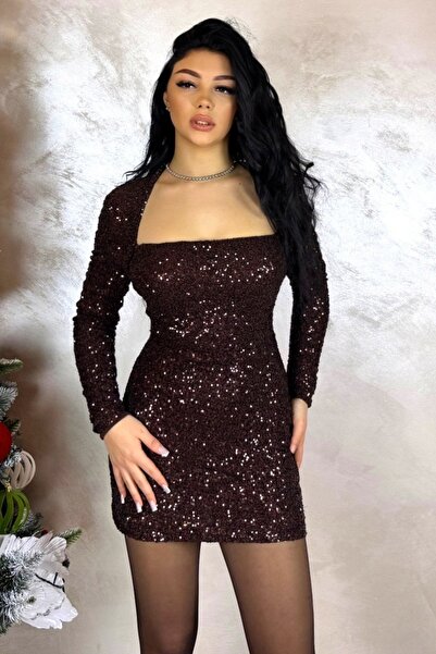 FashionForYou MARIEL short dress, with sequins and padded cups, BROWN, Size S/M