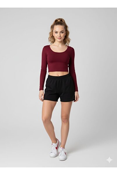 serkertaş Women's Burgundy Crew Neck Long Sleeve Viscose Crop Blouse