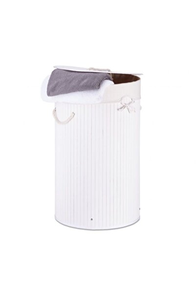 Relaxdays Coș de rufe rotund din bambus, dimensiuni 62,5 x 38,5 cm, alb