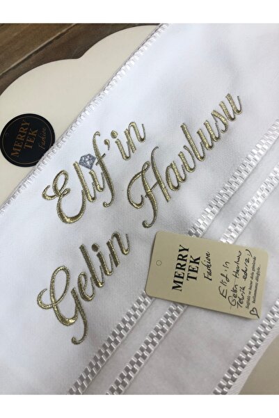 MERRYTEK Fashion İsimli Gelin Havlusu Söz Nişan Düğün Gold Metalik Nakışlı 50...
