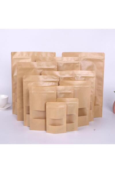 Kraftpack Pencereli Kilitli kraft Doypack 8.5*14,5- 10 Adet Küçük Boy Ambalaj