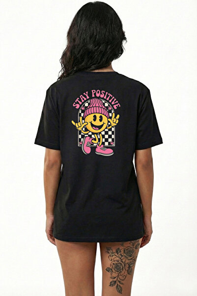 VOSSAX Women's Black Oversized Crew Neck Streetwear T-Shirt Stay Positive Pri...