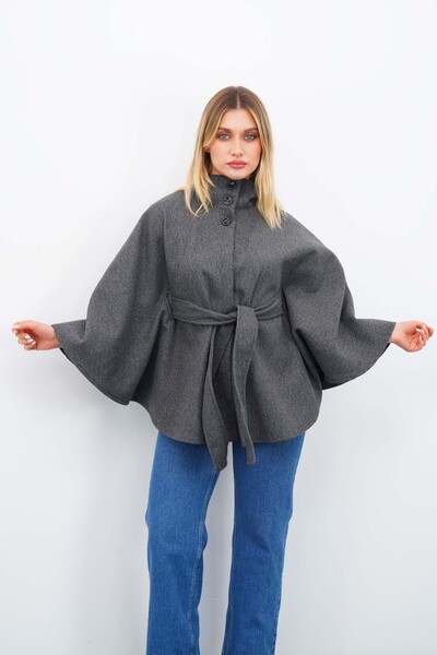 chiccagoo Kadın Gri Kuşaklı Kaşe Dik Yaka Panço