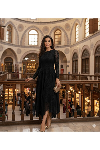 UZER Kadın siyah Tül Üzeri Flok Baskılı Asimetrik Kesim Elbise