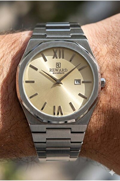 Reward ساعة يد رجالية ممتازة |   علبة فولاذية مقاس 42 ملم، مينا ذهبية، 5 ATM