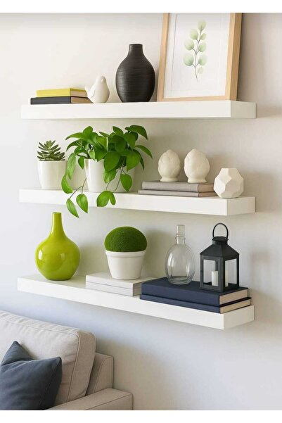 Woody Home Beyaz Dekoratif Duvar Rafı, Uçan Duvar Rafı, Minimalist Duvar Rafı...