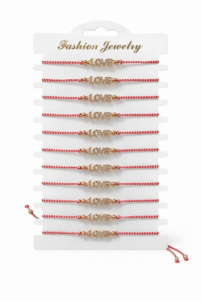 OEM Set of 12 LOVE martisor bracelets with rhinestones, adjustable cord, 20x11cm