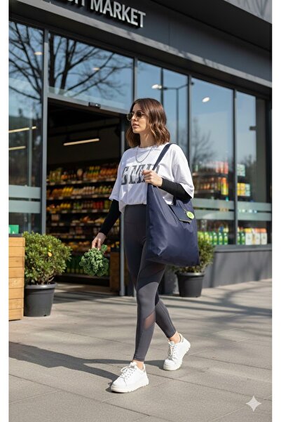 Çanta Trend Navy Blue Stylishly Designed Foldable Grocery & Shopping Bag