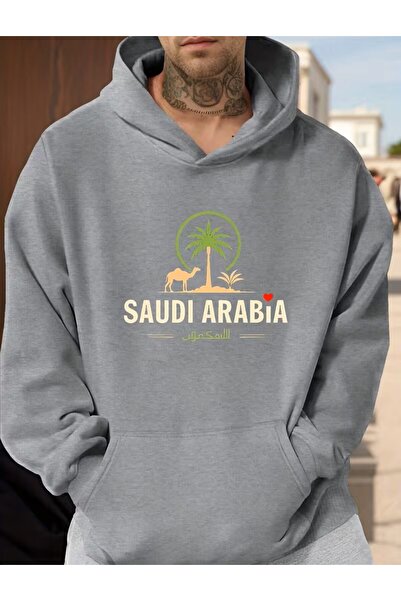 LELVANİ Palm Tree and Camel Silhouette Saudi Arabia Graphic Print Hooded Swea...