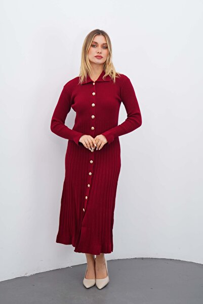 chiccagoo Kadın Kırmızı Gold Düğmeli Fitilli Uzun Triko Elbise