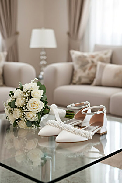 Modavien Pantofi de mireasă de damă cu perle de 2 cm