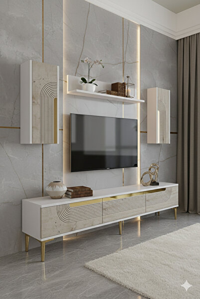 YUMEDİ DESİGN TVR1803BTG - DÜNYA TV ÜNİTESİ TAKIMI 180CM BEYAZ-TRAVERTEN-GOLD