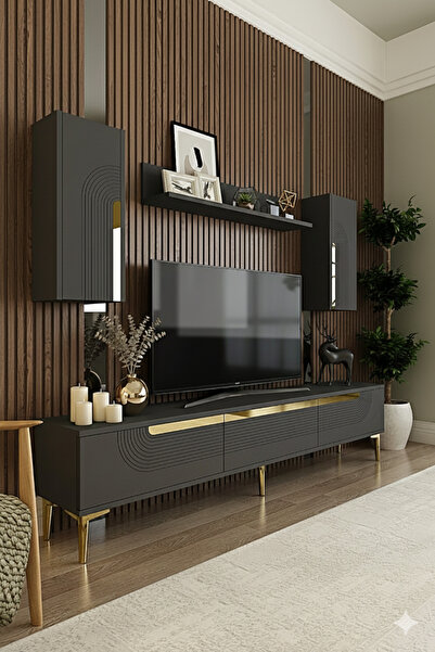 YUMEDİ DESİGN TVR1803AG - DÜNYA TV ÜNİTESİ TAKIMI 180CM ANTRASİT-GOLD