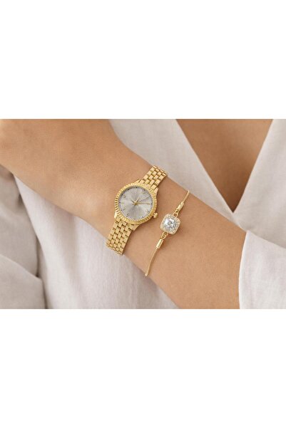 SEES AKSESUAR Metal Kadın Gold Kol Saati ve Taşlı Bileklik Seti