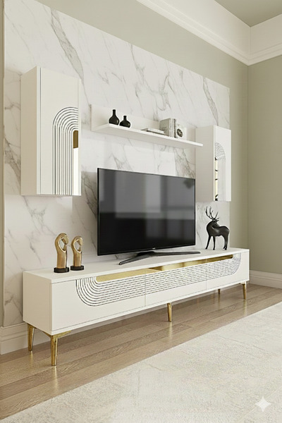 YUMEDİ DESİGN TVR1803BG - DÜNYA TV ÜNİTESİ TAKIMI 180CM BEYAZ-GOLD