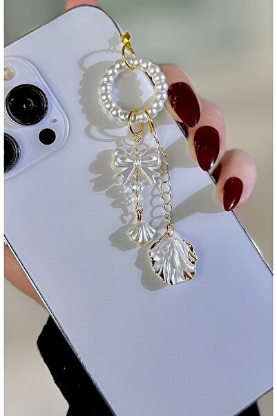 MİRAZ TASARIM Cream Color Phone Charmi with Bow/Leaf Pearls Phone Strap Bag C...