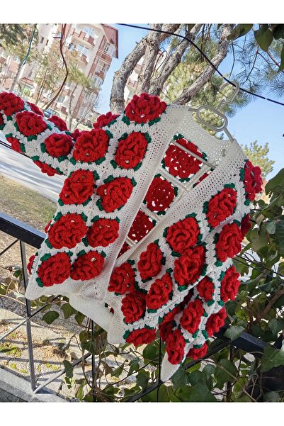 ASFAKA Güllü Hırka El Örgüsü Güllü Hırka Motifli Hırka Crop Hırka