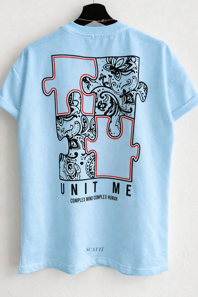 CLASSY.MODA Tricou unisex cu imprimeu grafic tip puzzle pe spate, cu gât crew...