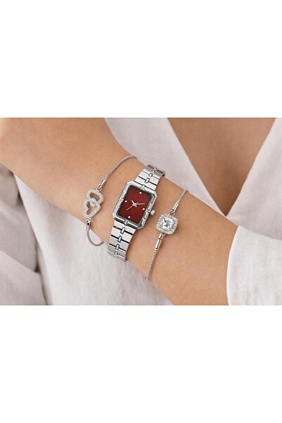 SEES AKSESUAR Kadın Gümüş Kol Saati Ve Kalp Figürlü Zarif Bileklik Set