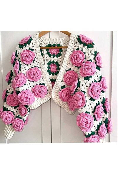 ASFAKA Güllü Hırka El Örgüsü Güllü Hırka Motifli Hırka Crop Hırka