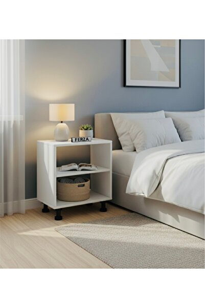 FERZA Mobilya Beyaz Renk MDF Komodin İki Raflı Ayaklı Yan Sehpa