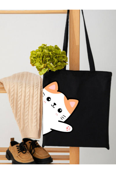 junobi حقيبة قماش سوداء من كات مطبوع - 35x40 سم