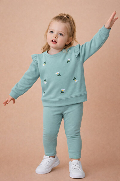 BABY SPORT Kız Bebek Takım İki İp Şardonlu Uzun Kollu Çiçek Desenli Alt ve Üst