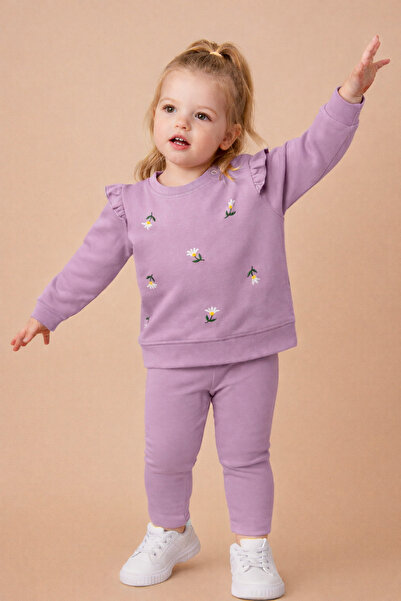 Kız Bebek Takım İki İp Uzun Kollu Çiçek Desenli Alt ve Üst