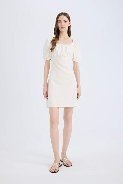 DeFacto Square Neck Linen Blend Short Sleeve Mini Dress D8272Ax25Sm