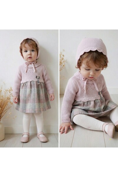 Baby shine Turkish girls' dress set - woven from soft wool - 4 pieces