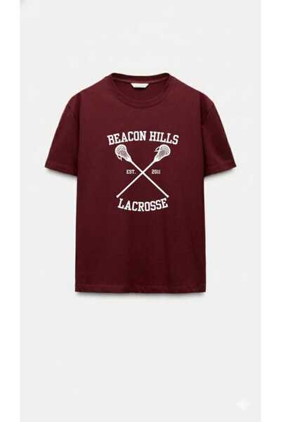 MODARİCH Teen Wolf T-Shirt - Bordo Baskılı Oversize Bisiklet Yaka Kısa Kol Bol