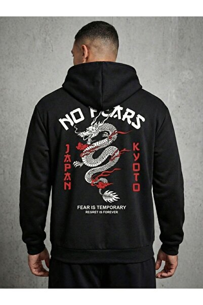 LELVANİ Dragon Patterned with the Text'No Fears' - K Hooded Sweatshirt