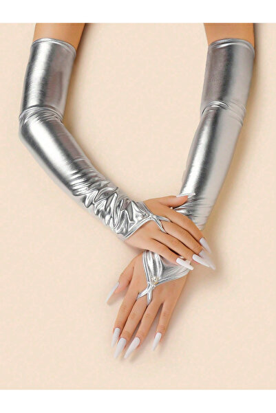 PERLMUTT Gümüş Metalik Parlak Uzun Parmaksız Eldiven – Sahne & Fantezi Aksesu...