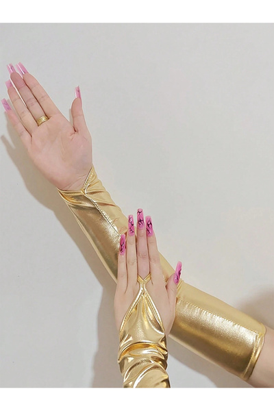 PERLMUTT Gold Lame Metalik Parlak Uzun Parmaksız Eldiven & Fantezi Aksesuarı-...