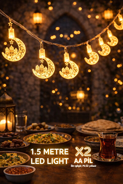 Parti dolabı 1.5mt Ramazan Led Işık Hilal Yıldız 10 Sarı Günışığı Pilli Süs T...